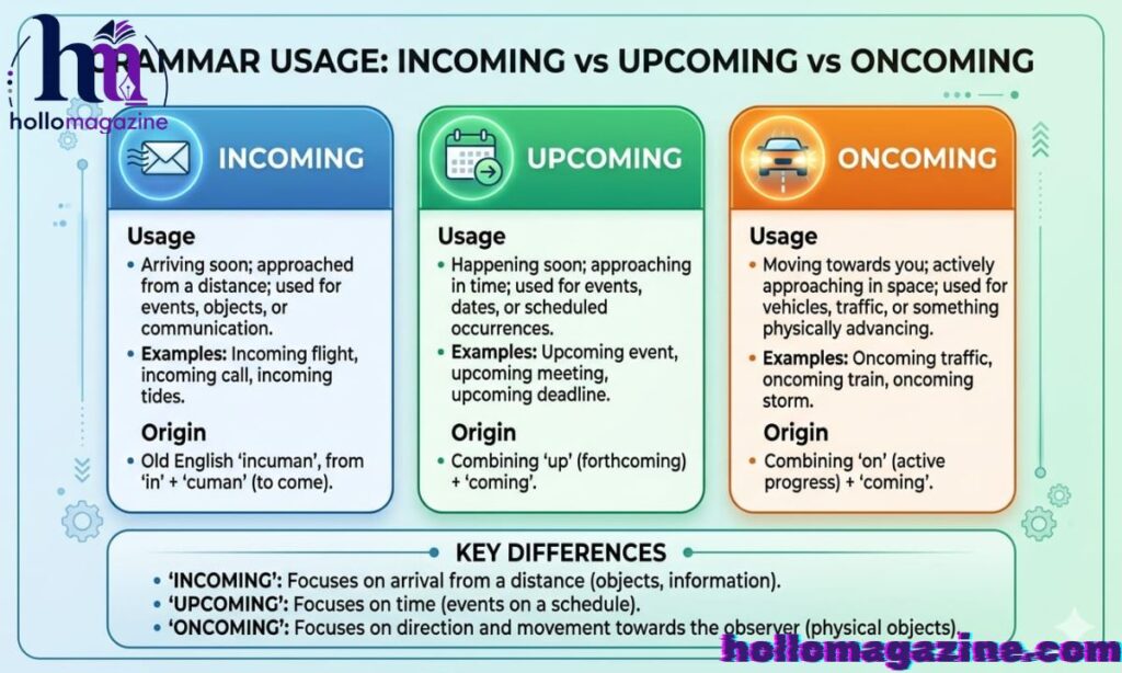 Understanding “Incoming”, “Upcoming”, and “Oncoming”
